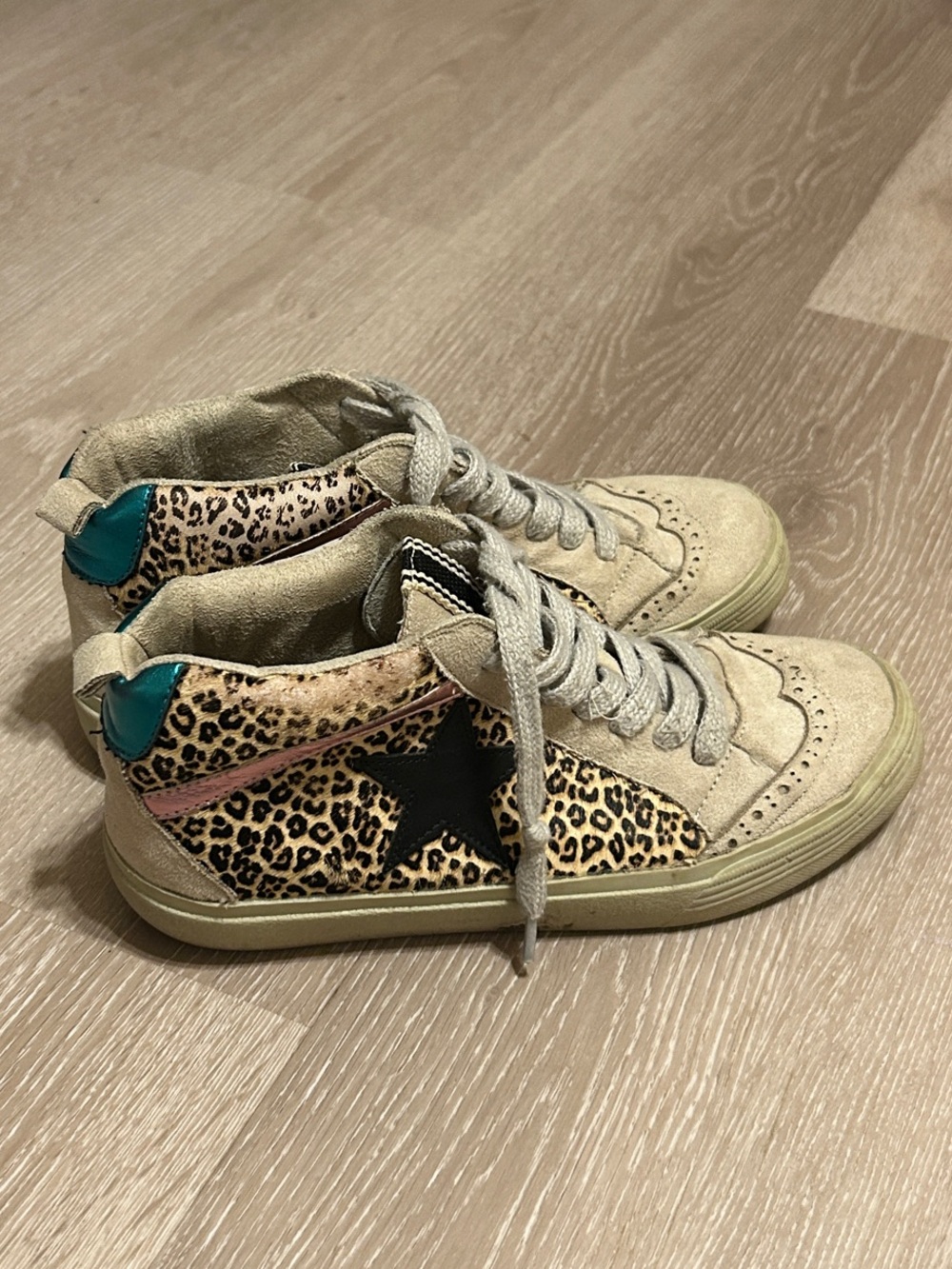 ShuShop Beige Suede High-Top Leopard and Metallic Sneaker Sz 7